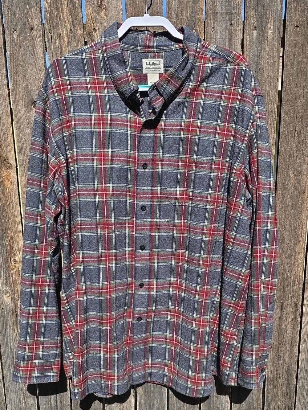L.L. Bean Men's Gray Red Plaid Flannel Shirt 100% Cotton XXL-Reg Traditional Fit